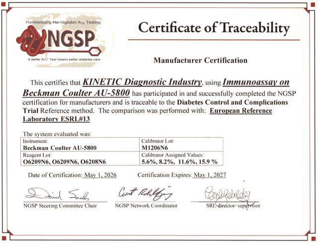 NGSP Certificate of Traceability — Beckman Coulter AU5800