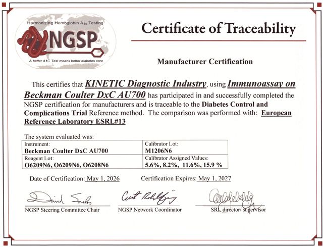 NGSP Certificate of Traceability — Beckman Coulter DxC AU700
