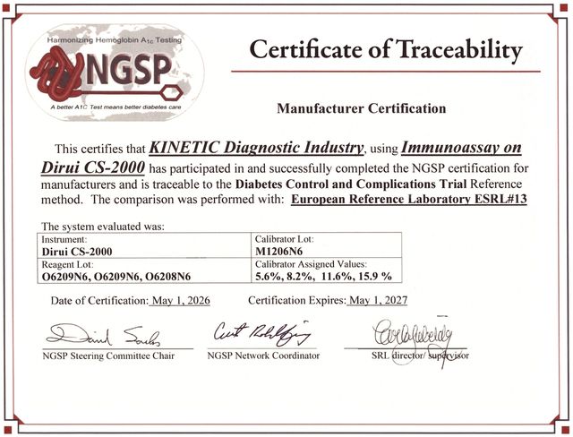 NGSP Certificate of Traceability — Dirui CS-2000