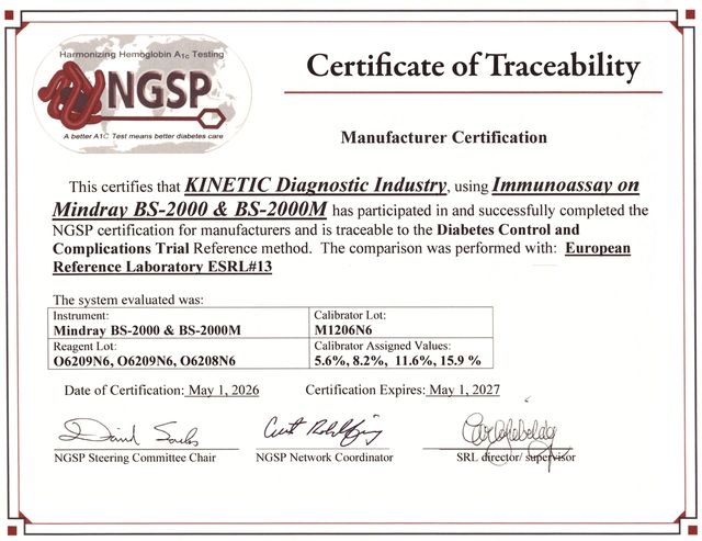 NGSP Certificate of Traceability — Mindray BS-2000 & BS-2000M