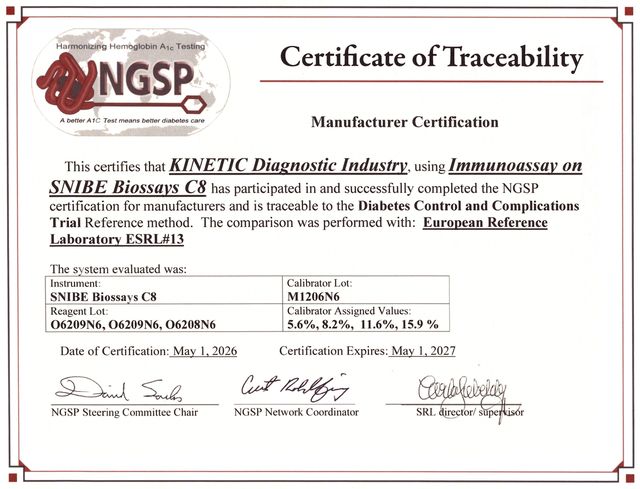 NGSP Certificate of Traceability — SNIBE Biossays C8